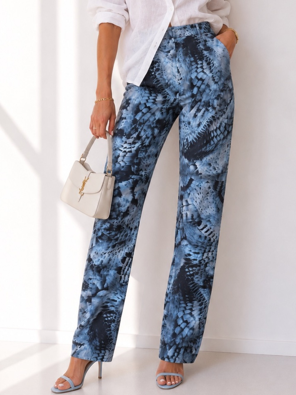 $225 Guess by Marciano Fantasy Flight Blue Feather Tie-Dye Wide-Leg Pants Us8